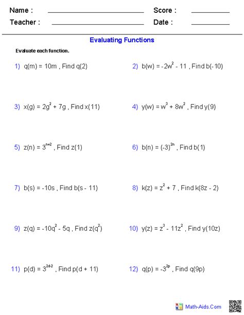 evaluating functions worksheet algebra 2 pdf